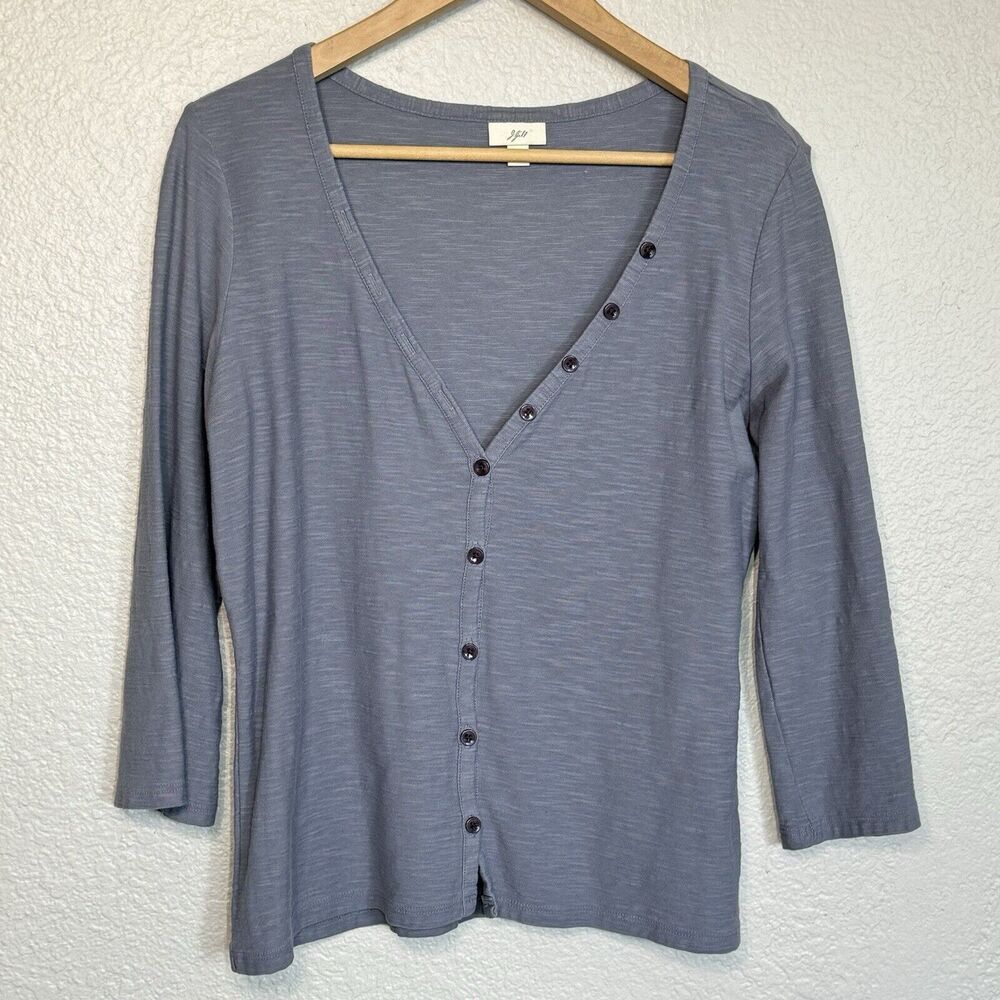J Jill Top Women M Blue Button Front Tee 3/4 Sleeve Slub Cotton Casual Travel